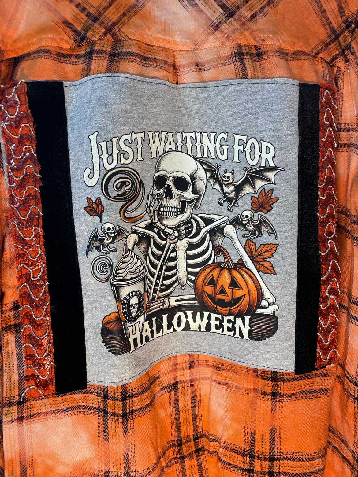 Skeleton “Just Waiting for Halloween” Flannel – Neon Pumpkin Edition
