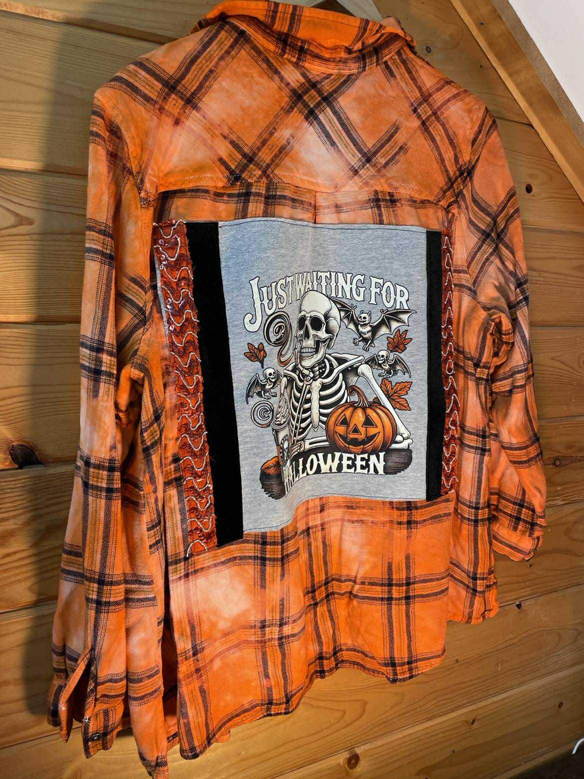 Skeleton “Just Waiting for Halloween” Flannel – Neon Pumpkin Edition
