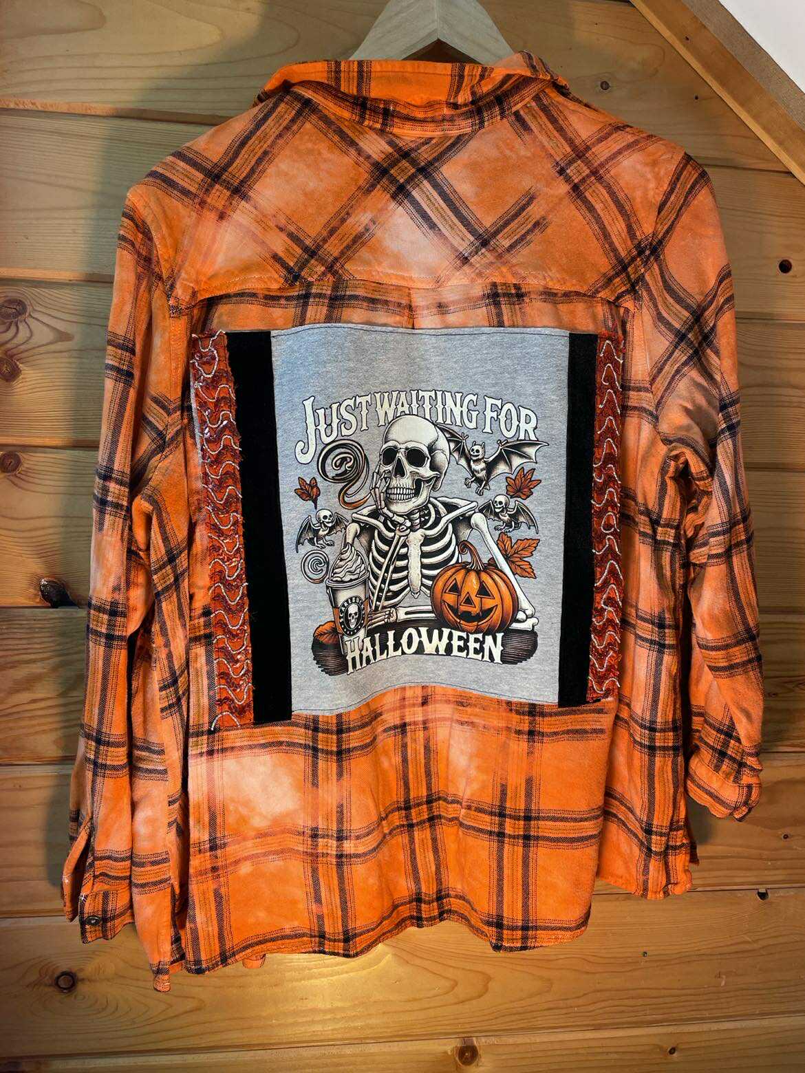Skeleton “Just Waiting for Halloween” Flannel – Neon Pumpkin Edition