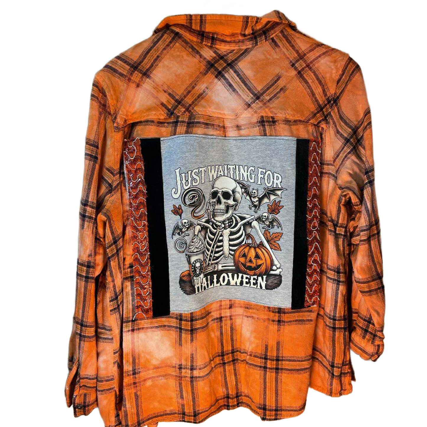 Skeleton “Just Waiting for Halloween” Flannel – Neon Pumpkin Edition