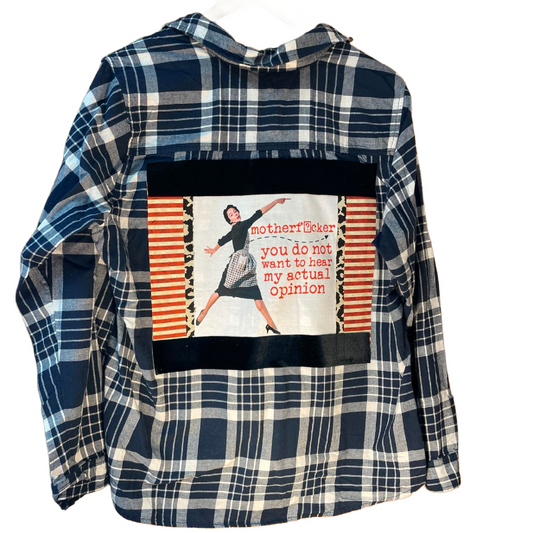 “Motherf*cker, You Do Not Want to Hear My Actual Opinion” – Black + Blue Bluntness Flannel