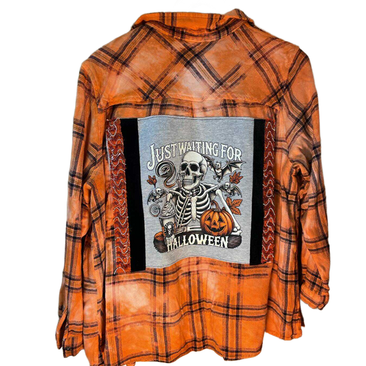 Skeleton “Just Waiting for Halloween” Flannel – Neon Pumpkin Edition