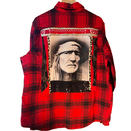 🔥 “Whiskey Weather” Upcycled Willie Nelson Flannel (One of a Kind)